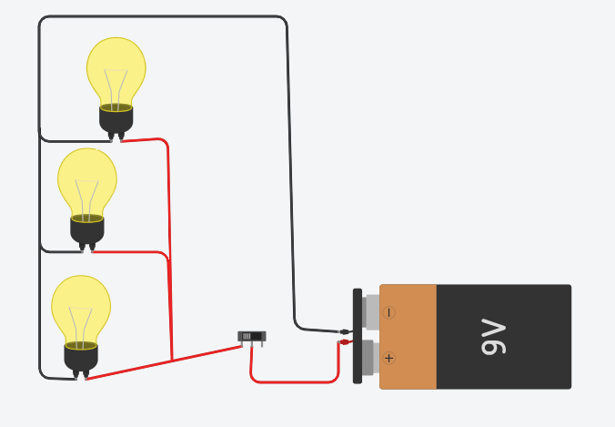 En la imagen se pueden ver 3 bombillas en paralelo (circuito hecho en Tinkercad)