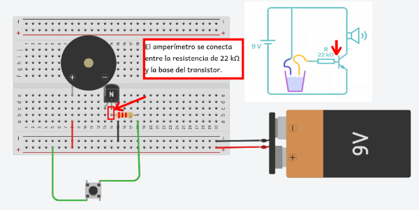 En la imagen se indica el punto de conexión del amperímetro sobre el circuito sensor de humedad