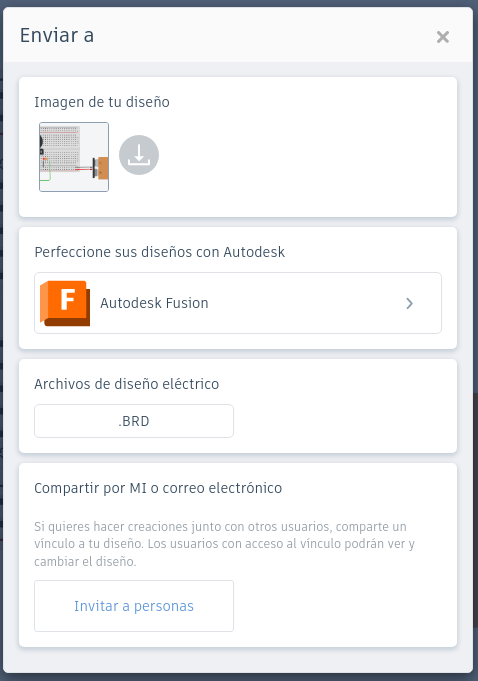 En la imagen se muestran las opciones de exportación de circuitos: descarga como imagen o archivo copatible con otra apliación o envío al email u otras personas