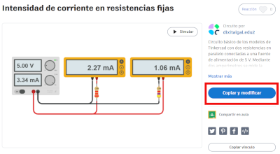 Captura de pantalla de circuito con botón copiar y modificar resaltado