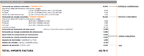 En la imagen se puede ver una captura de pantalla del desglose de la factura de la luz