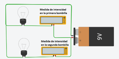 Medida de intensidad con multímetro, hecho con Tinkercad