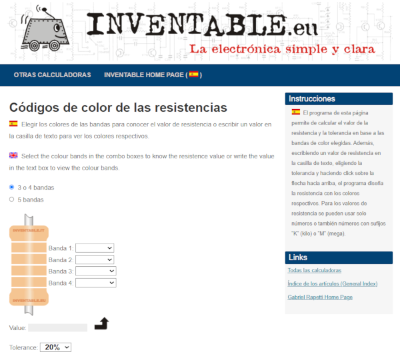 Captura de pantalla calculadora resistencias en Inventable.eu
