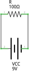En la imagen puede verse un circuito con una resistencia de 100 ohmios conectada a un  generador de 9 voltios