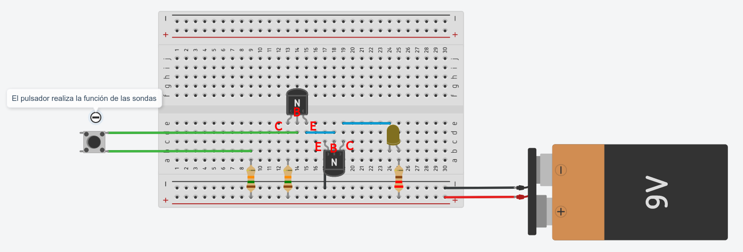 En la imagen se muestra un circuito sensor de humedad con un montaje par Darlington en Tinkercad