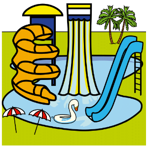 Pictograma con un parque acuático en el que se ven diversos tipos de toboganes de agua