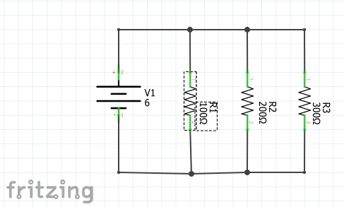 En la imagen se pueden ver 3 resistencias en paralelo (circuito hecho en Fritzing)