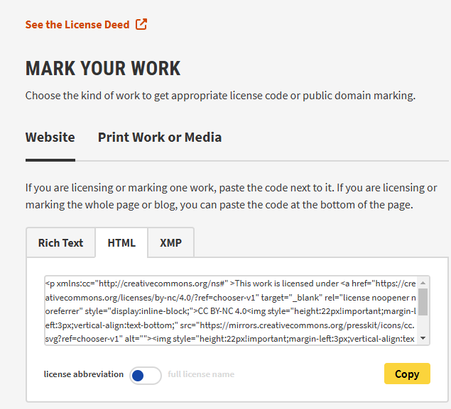 Copia del código de la licencia
