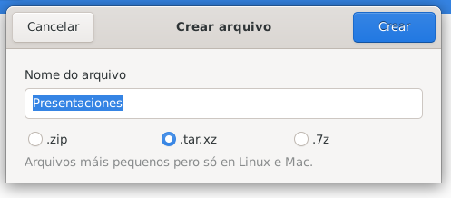 La imagen muestra una la ventana de diálogo Abalar para comprimir en .tar.xz