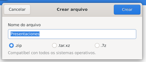 La imagen muestra una la ventana de diálogo Abalar para comprimir en .zip