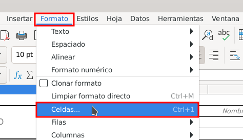 La imagen muestra una captura de LibreOffice Calc