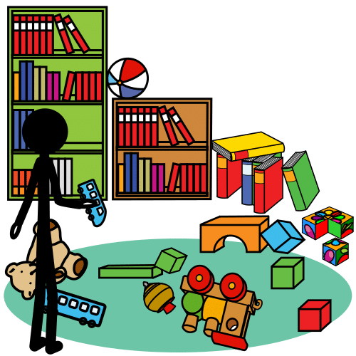 La imagen representa a una persona ordenando una habitación desordenada