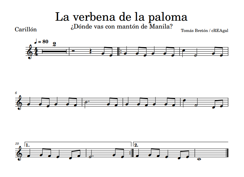 Partitura para carillón Dónde vas con mantón de Manila