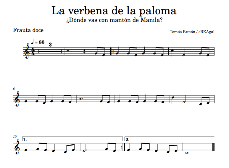 Partitura para frauta de Dónde vas con mantón de Manila