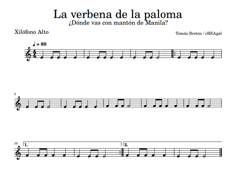 Partitura para xilófono alto de Dónde vas con mantón de Manila
