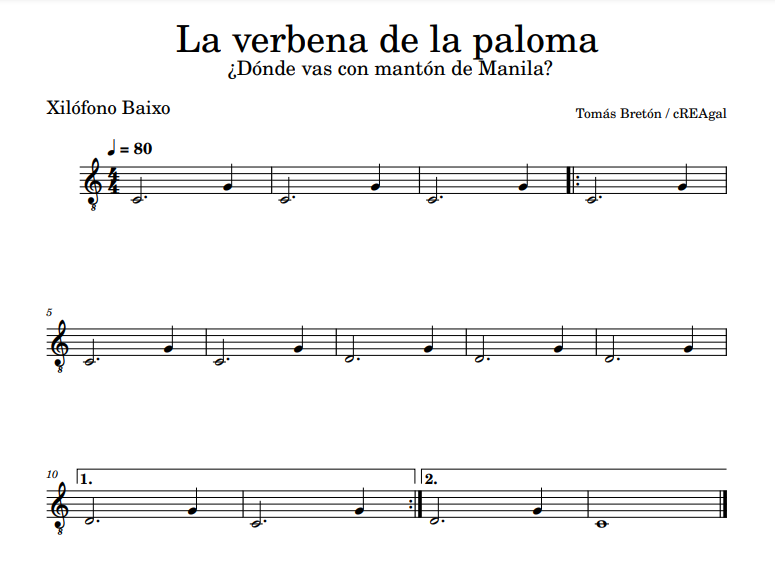 Partitura para xilófono baixo de Dónde vas con mantón de Manila
