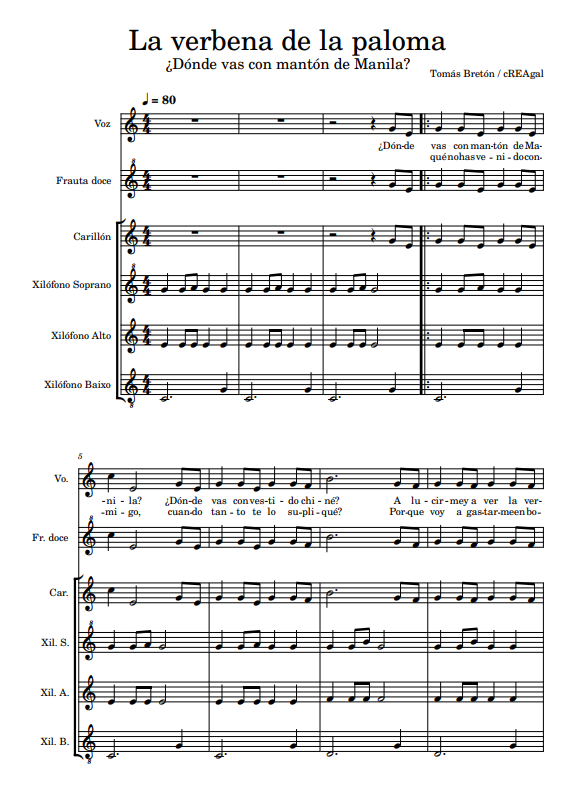 Partitura guión páxina 1 de Dónde vas con mantón de Manila