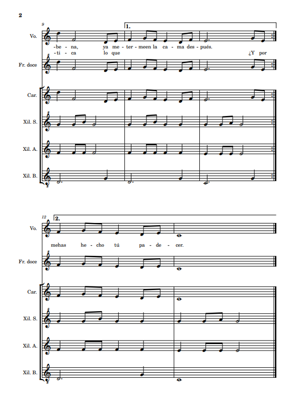 Partitura guión páxina 2 de Dónde vas con mantón de Manila