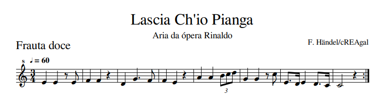 Partitura para frauta doce de Lascia ch'io pianga 