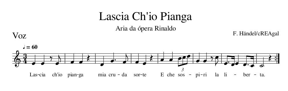 Partitura para voz de Lascia ch'io pianga 