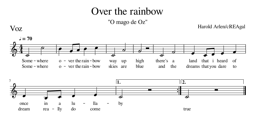 Partitura para voz de Over the rainbow