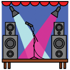 Pictograma dun escenario con altavoces a ambos lados iluminado por dous focos