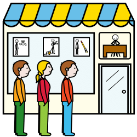 Pictograma de tres persoas en fila agardando fóra dunha oficina para ser atendidas