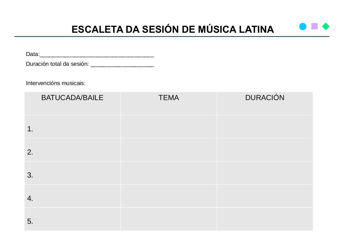 Material descargable da escaleta da sesión de música latina.