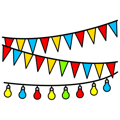 Pictograma de banderíns e luces de cores para adornar nunha festa. Ilustra a idea de festa en Galicia.