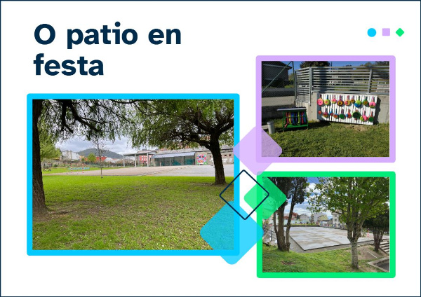 Composición de tres fotos de patios de colexio. É a imaxe principal do REA que exemplifica o espazo que será o protagonista do reto.