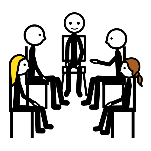 Pictograma de ARASAAC que ilustra unha organización grupal na que varias persoas falan e toman acordos nunha situación na que están todos sentados en círculo.