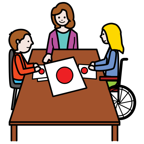 Pictograma que ilustra o traballo cooperativo. Nel está representadas persoas de diferentes idades e con distindas diversidades tomando decisións en conxunto.