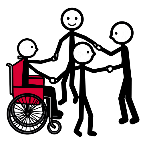 Pictograma que ilustra unha actividade en grupo, neste caso baiile. Están representadas persoas con diversidade funcional motora nun xogo de roda.