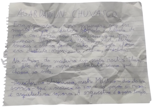 Fotografía do papel manuscrito a bolígrafo do capítulo 