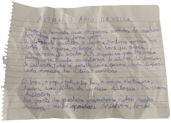 Fotografía do papel manuscrito a bolígrafo do capítulo 
