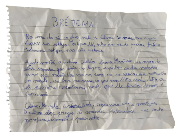 Fotografía do papel manuscrito a bolígrafo do capítulo 