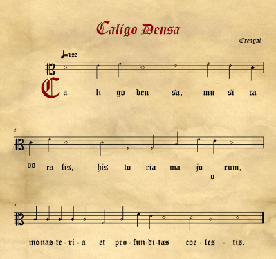Partitura de Caligo densa. É unha mostra da partitura sobre un pergameo para ambientar a interpretación.