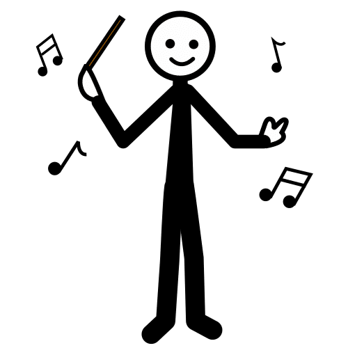 Pictograma dun director de orquestra coa batuta na man e os brazos en alto rodeado por figuras musicais
