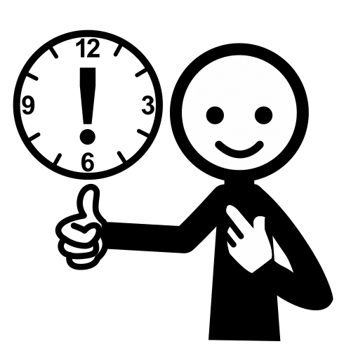 Pictograma cunha persoa co dedo polgar levantado e un reloxo enriba do mesmo en sinal de estar preparado