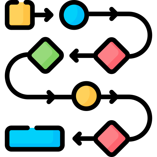 Icona de formas de cores unidas seguindo un camiño de frechas que representa un esquema.