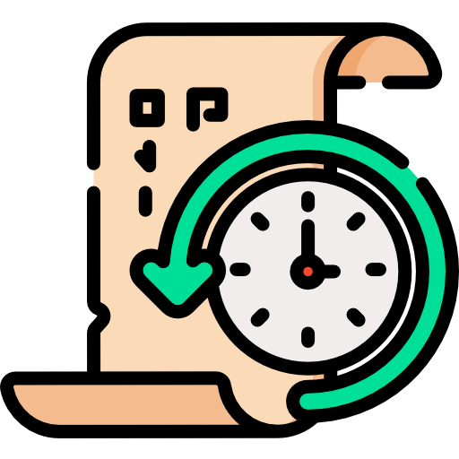 Icona dun pergamiño cun reloxo diante e unha frecha sinalando o retroceder do tempo, simboliza un período pasado.