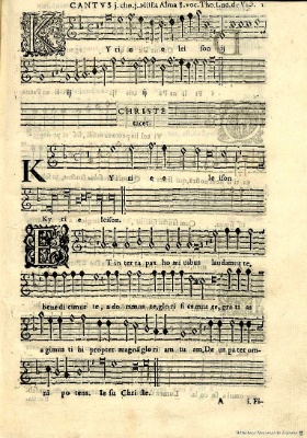 Unha páxina orixinal da Missa alma redemptoris de Luis de Victoria