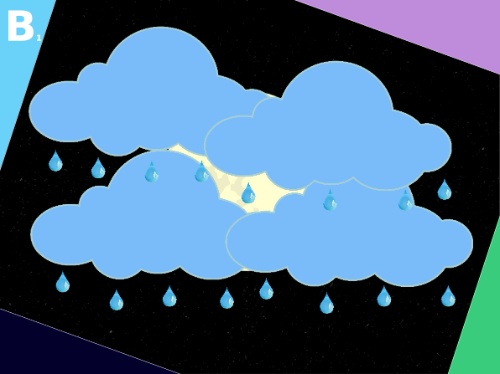 Imaxe con fondo negro cunha lúa no centro e catro nubes azuis con 4 pingas de auga cada unha, marcos nas esquinas coas cores corporativas de cREAgal e coa letra B1 na súa esquina superior esquerda.