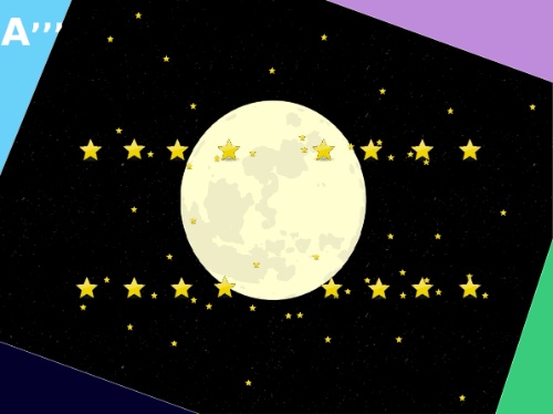 Imaxe con fondo negro cunha lúa no centro e catro grupos de catro estrelas con moitas estreliñas pequenas arredor, marcos nas esquinas coas cores corporativas de cREAgal e coa letra A''' na súa esquina superior esquerda.