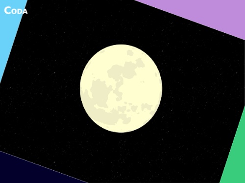 Imaxe con fondo negro cunha lúa no centro, marcos nas esquinas coas cores corporativas de cREAgal e coa palabra Coda na súa esquina superior esquerda.