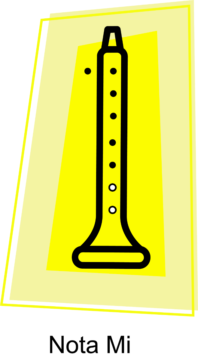 Icona de cor amarela da dixitación da nota mi na frauta con todos os buracos tapados agás o maimiño e o anular da man dereita.