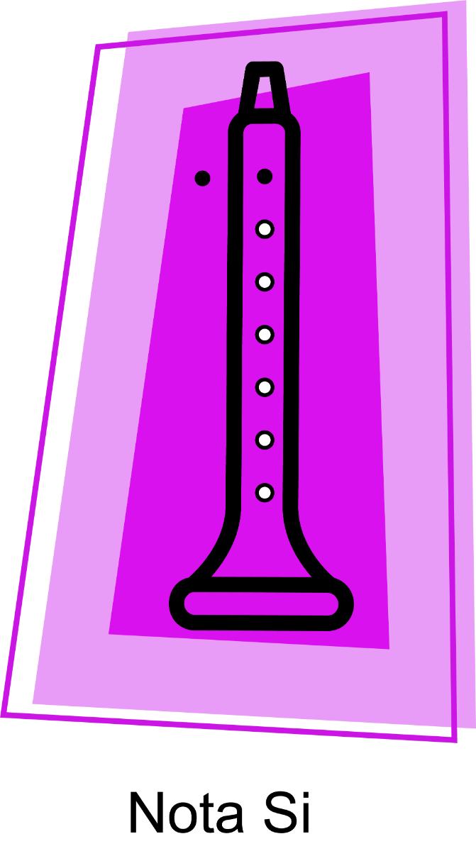 Icona de cor fucsia da dixitación da nota si na frauta con todos os buracos sen tapar agás os dos dedos índice e polgar da man esquerda.