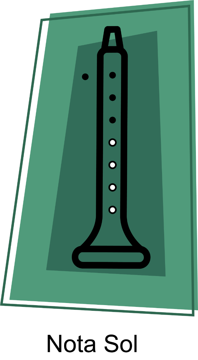 Icona de cor verde escura da dixitación da nota sol na frauta con todos os buracos da man esquerda tapados e ningún da man dereita.