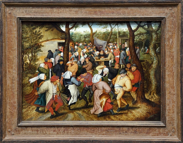 Cadro O Baile da Voda de Pieter II Brueghel no que se ve xente bailando nunha festa