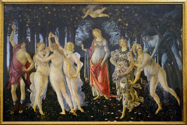 Cadro Primavera de Botticelli onde se observa mulleres danzando